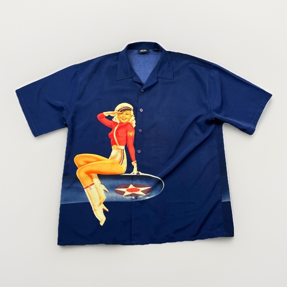 7 Diamonds Shirt Mens XL Blue Pin-Up Pilot Sailor Short Sleeve RARE